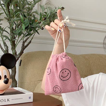 Corduroy  Smiley Face Coin Purse Drawstring Pocket Women: Pink