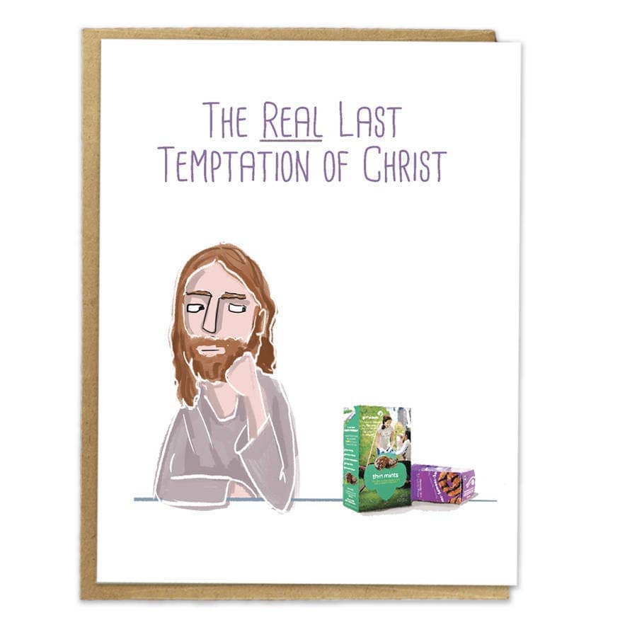The Real Last Temptation of Christ; Funny Comic Card; Girl Scout Cookies; Girl Scouts; Jesus Tempted by Girl Scout Cookies; Thin Mints