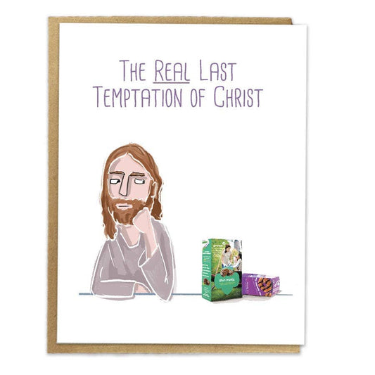 The Real Last Temptation of Christ; Funny Comic Card; Girl Scout Cookies; Girl Scouts; Jesus Tempted by Girl Scout Cookies; Thin Mints