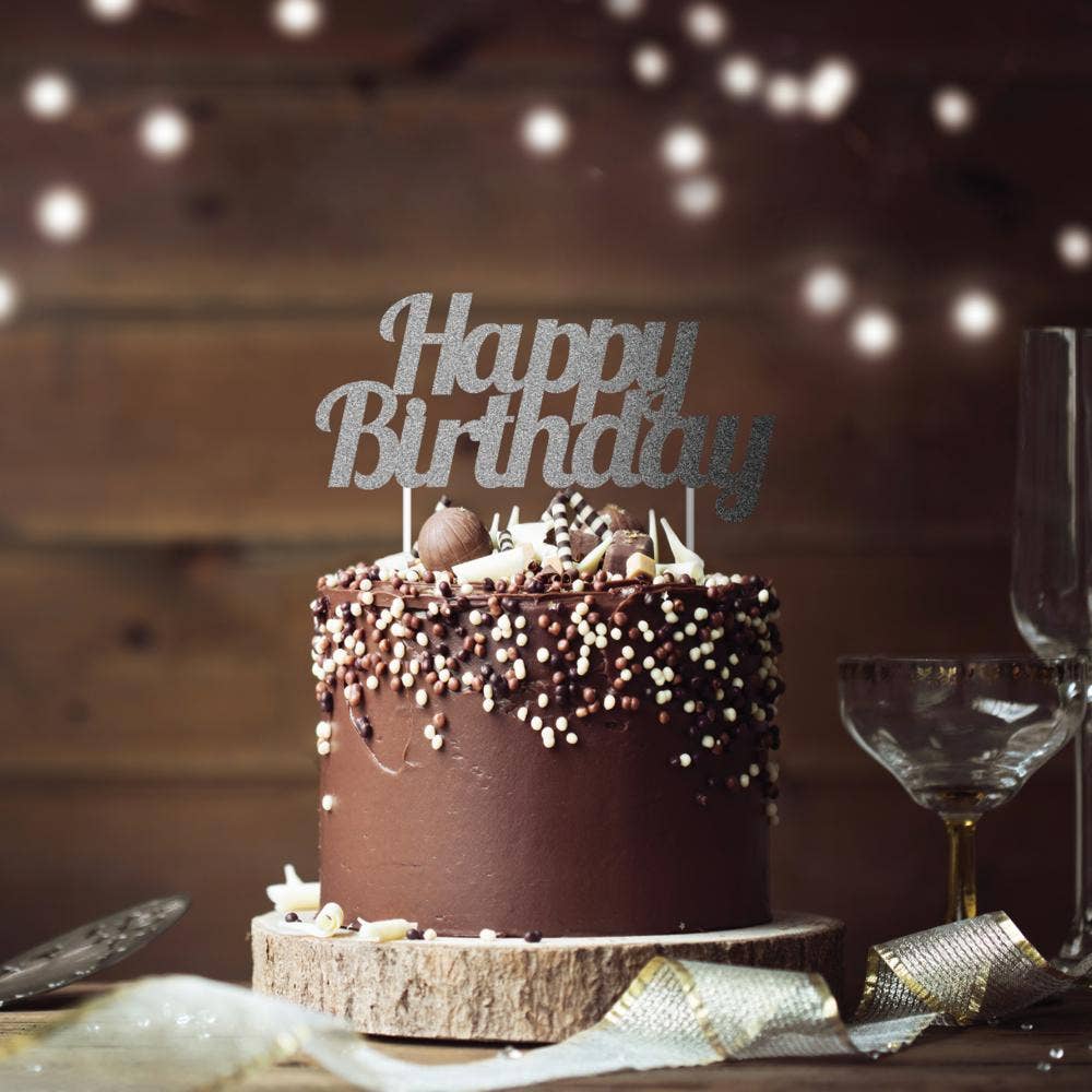 Silver Glitter Happy Birthday Cake Toppers, 1/Pkg