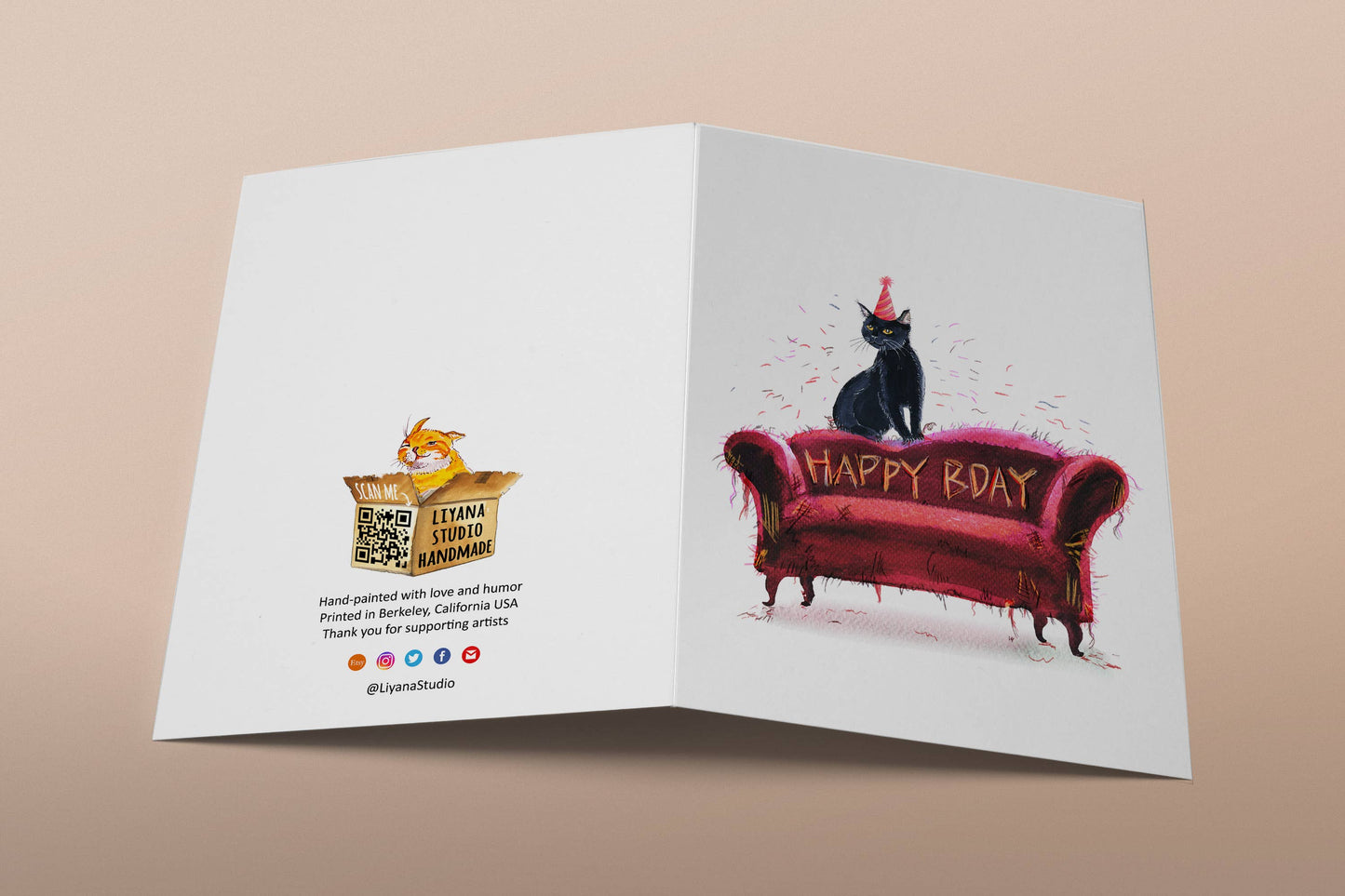 Happy BDay Naughty Cat Scratch Couch Birthday Card