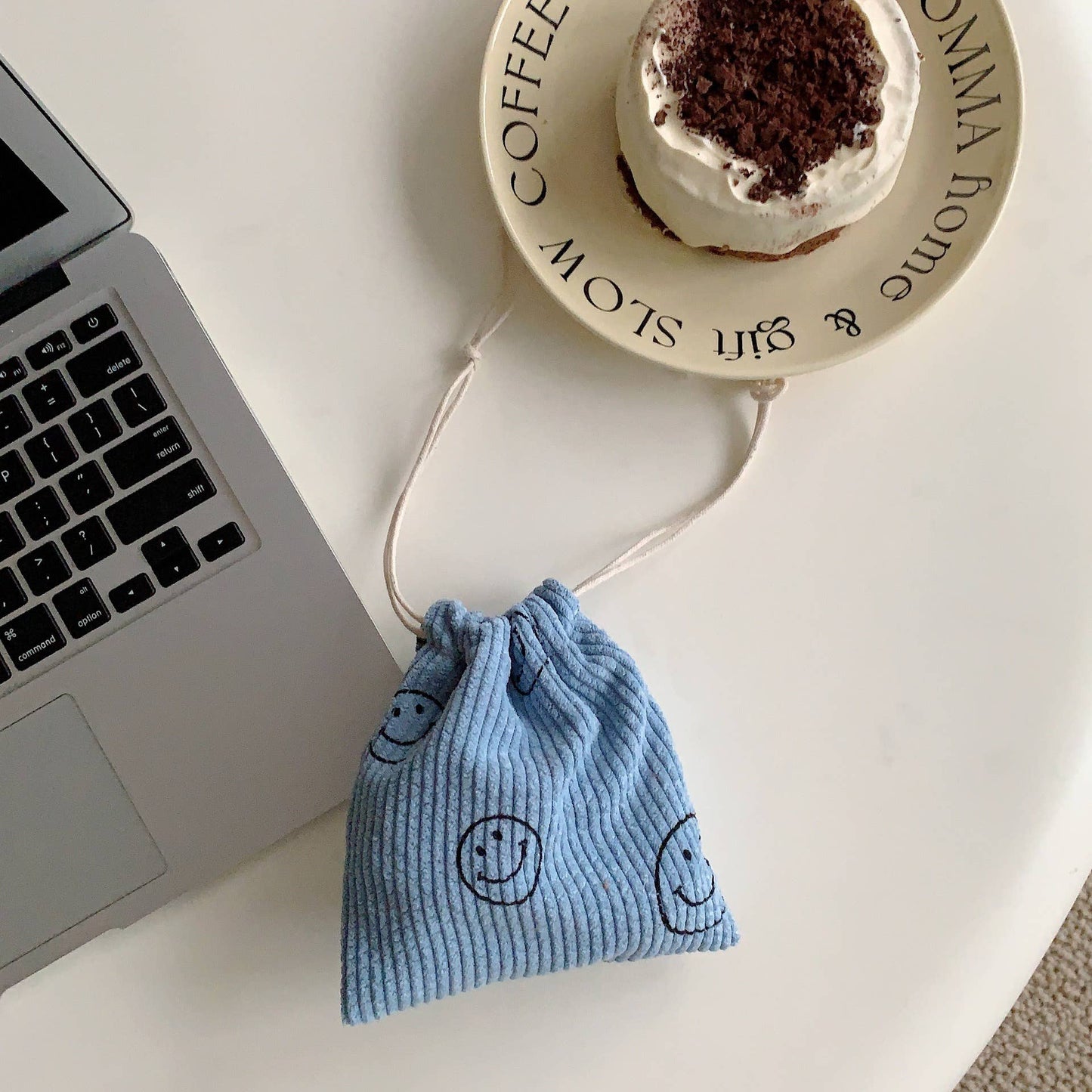 Corduroy  Smiley Face Coin Purse Drawstring Pocket Women: Pink