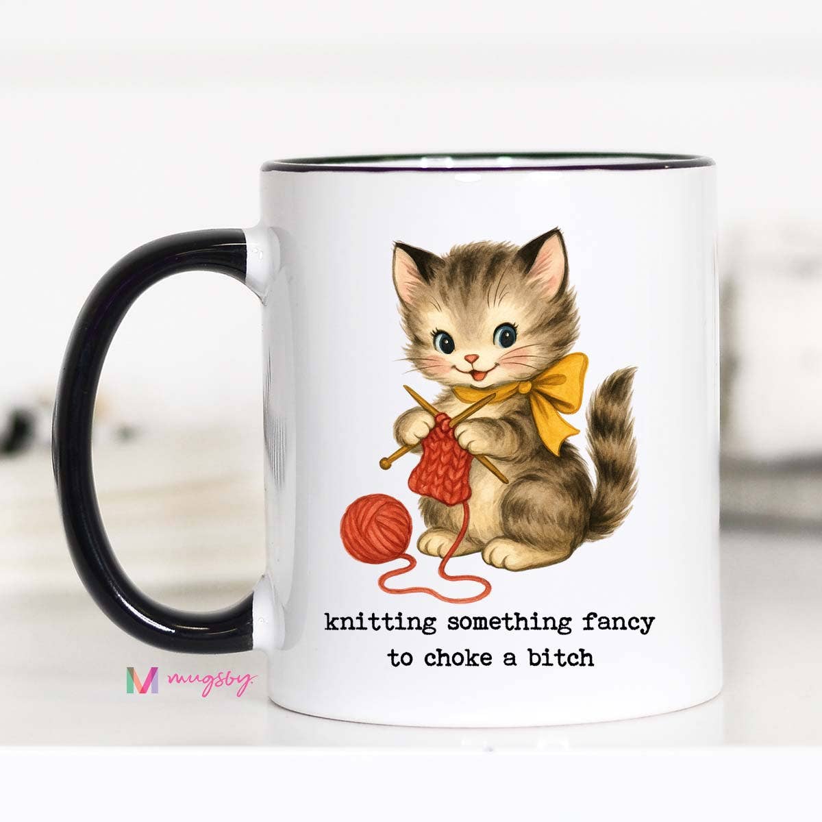 Knitting Something Fancy Funny Cat Mug for Makers: 15oz / All white