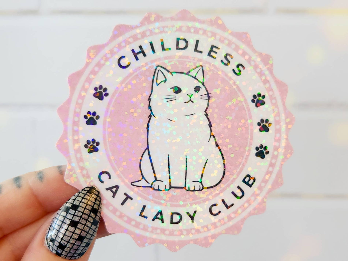 Childless Cat Lady Club Holographic Sticker, 3 in.: Hearts