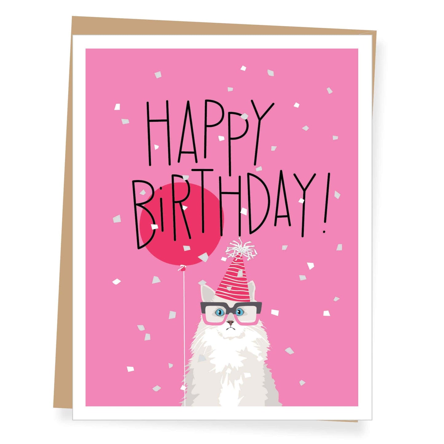 White Cat Pink Balloon Birthday Greeting Card