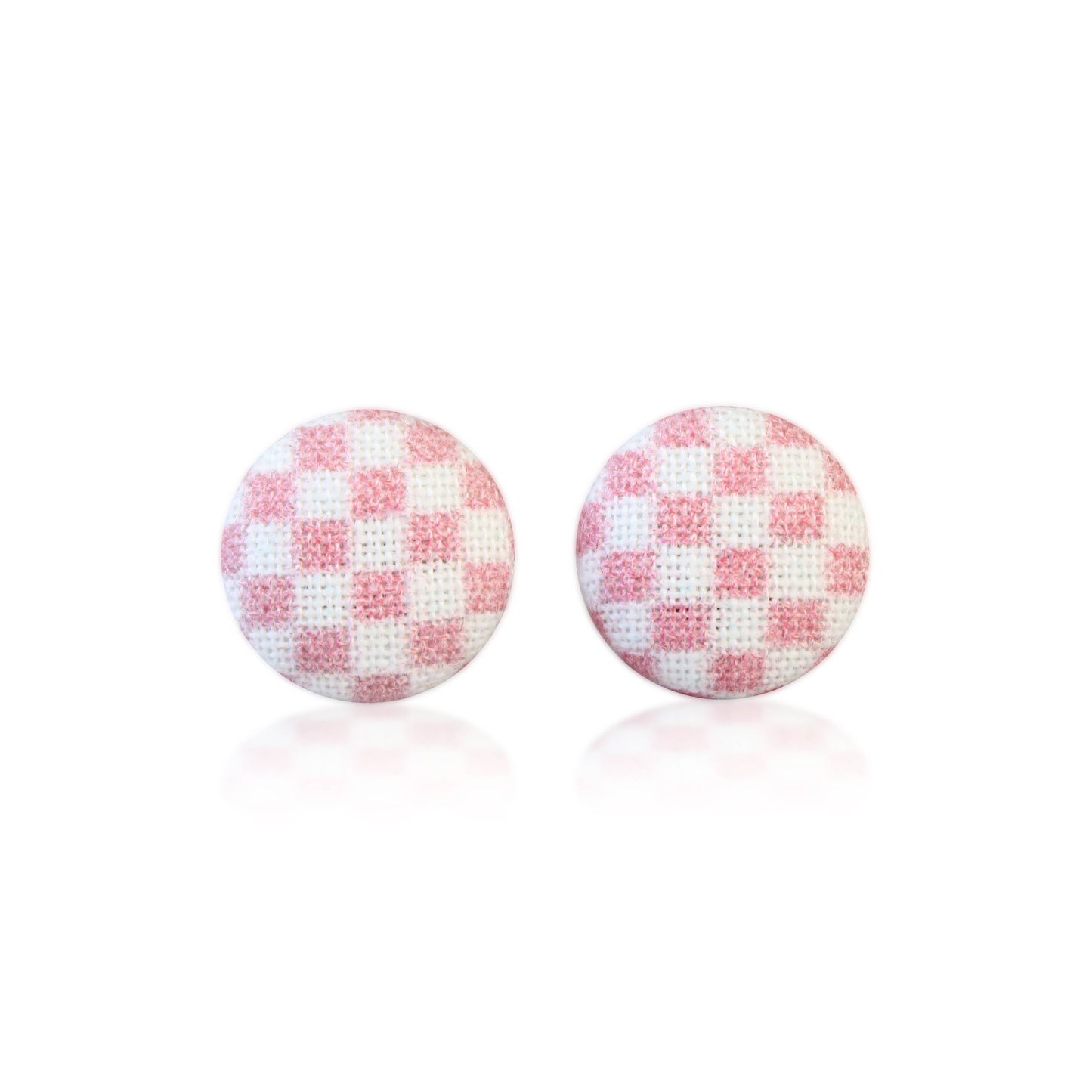 Pink Check Fabric Button Earrings