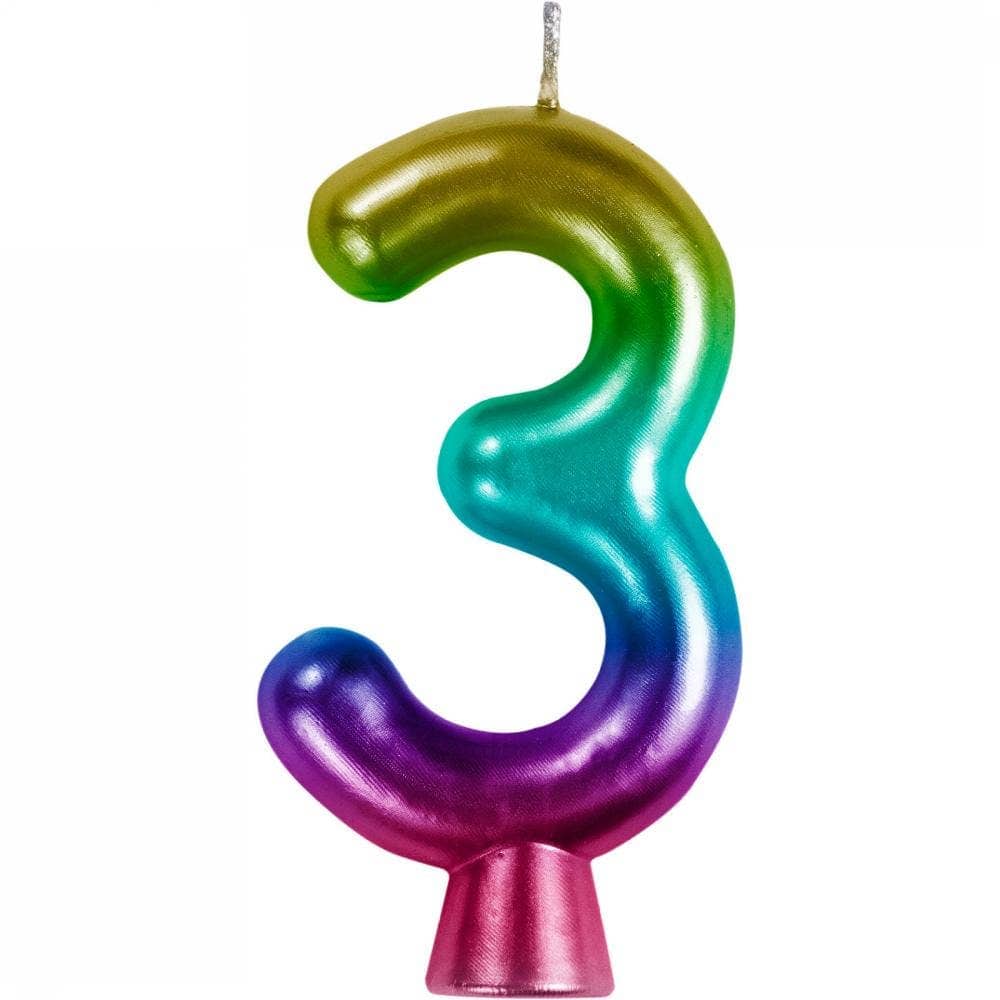 Bulk Rainbow Metallic 3 Birthday Candle  (12 per Case)