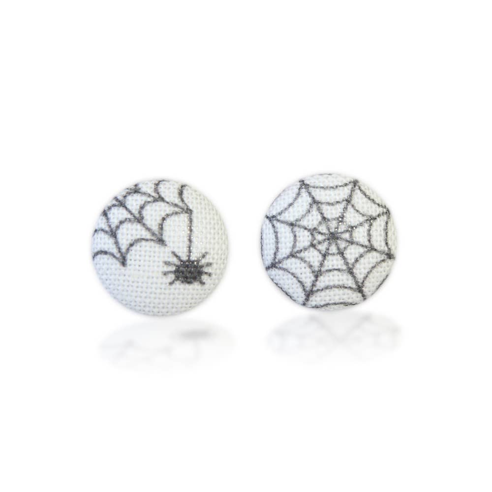 Spider and Web Fabric Button Earrings: 0.5 inch wide