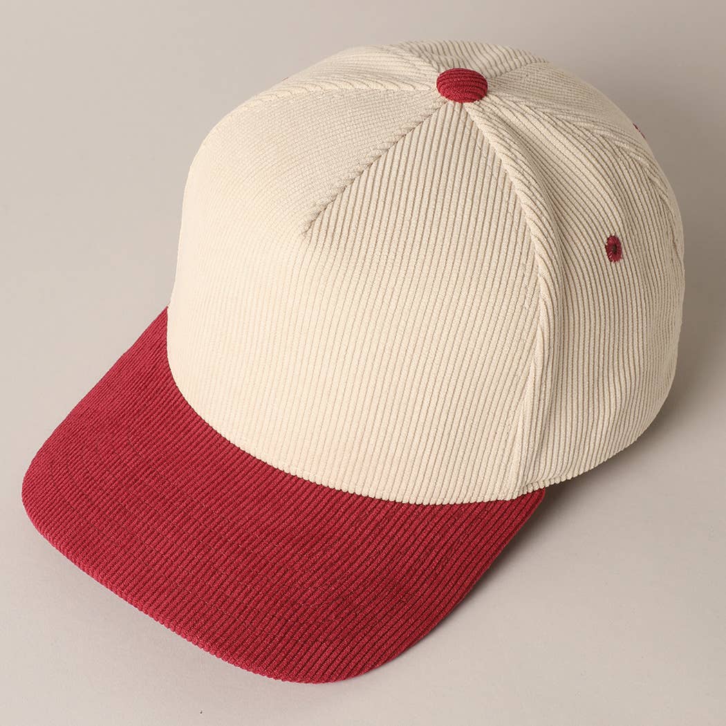 Plain Two Tone Corduroy 5 Panel Trucker Hat: RUST / ONE SIZE