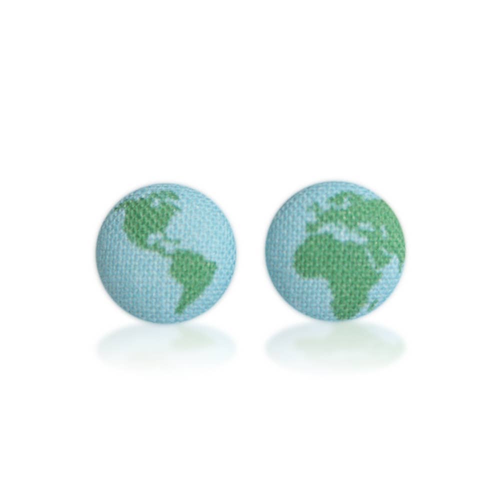 Planet Earth Fabric Button Earrings: 0.5 inch wide