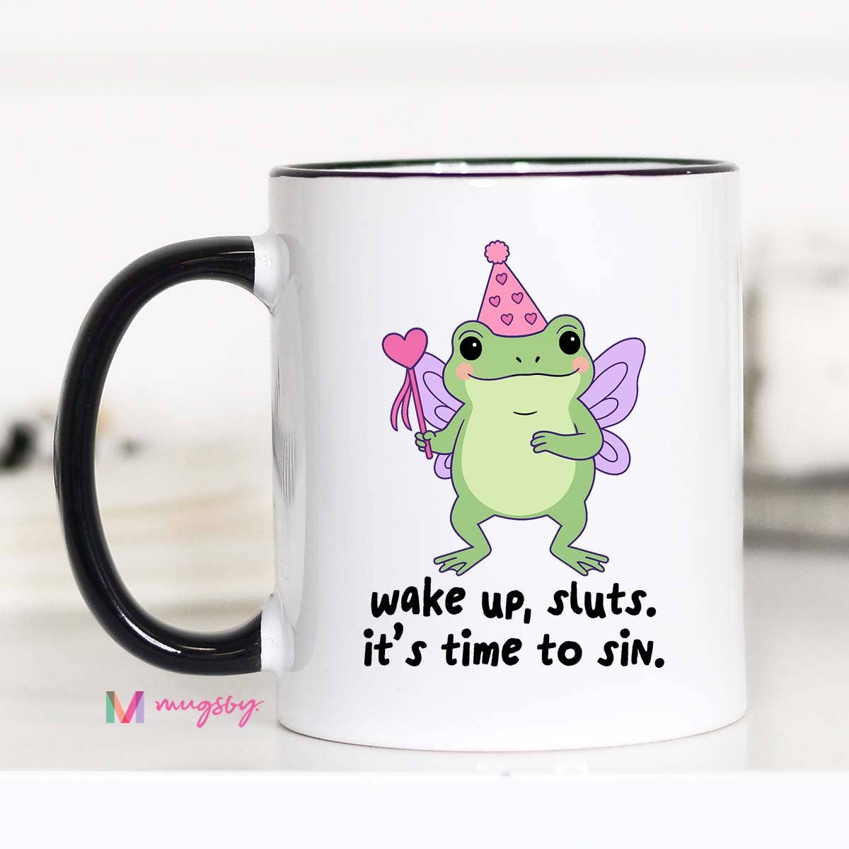 Wake Up Sluts Ceramic Coffee Mug, Funny Frog Mug: 15oz / Black rim/handle