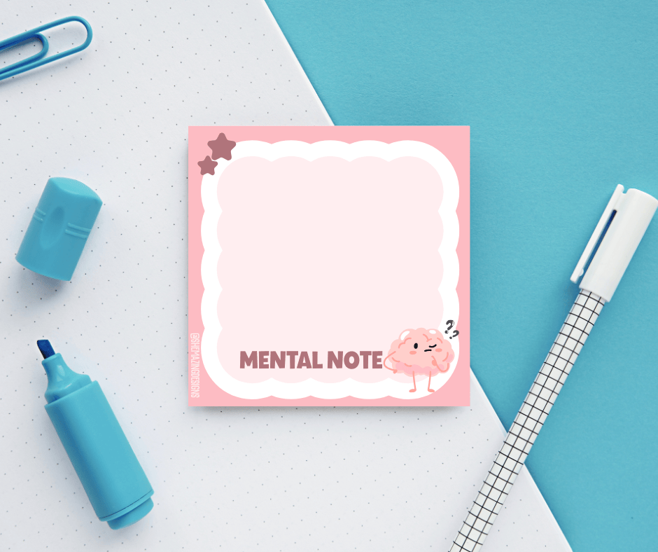 Mental Note Sticky Note Pad – Cute Brain Design, Funny Office Stationery for Work or School