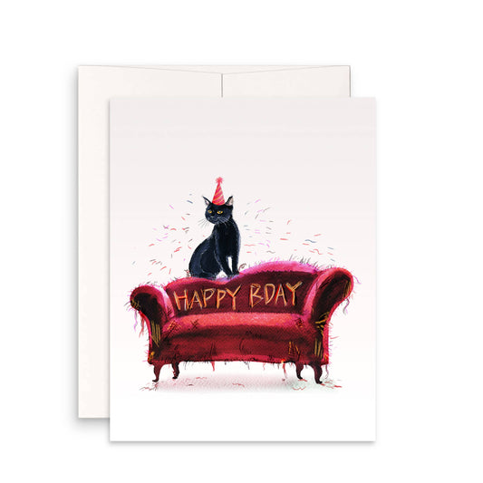 Happy BDay Naughty Cat Scratch Couch Birthday Card