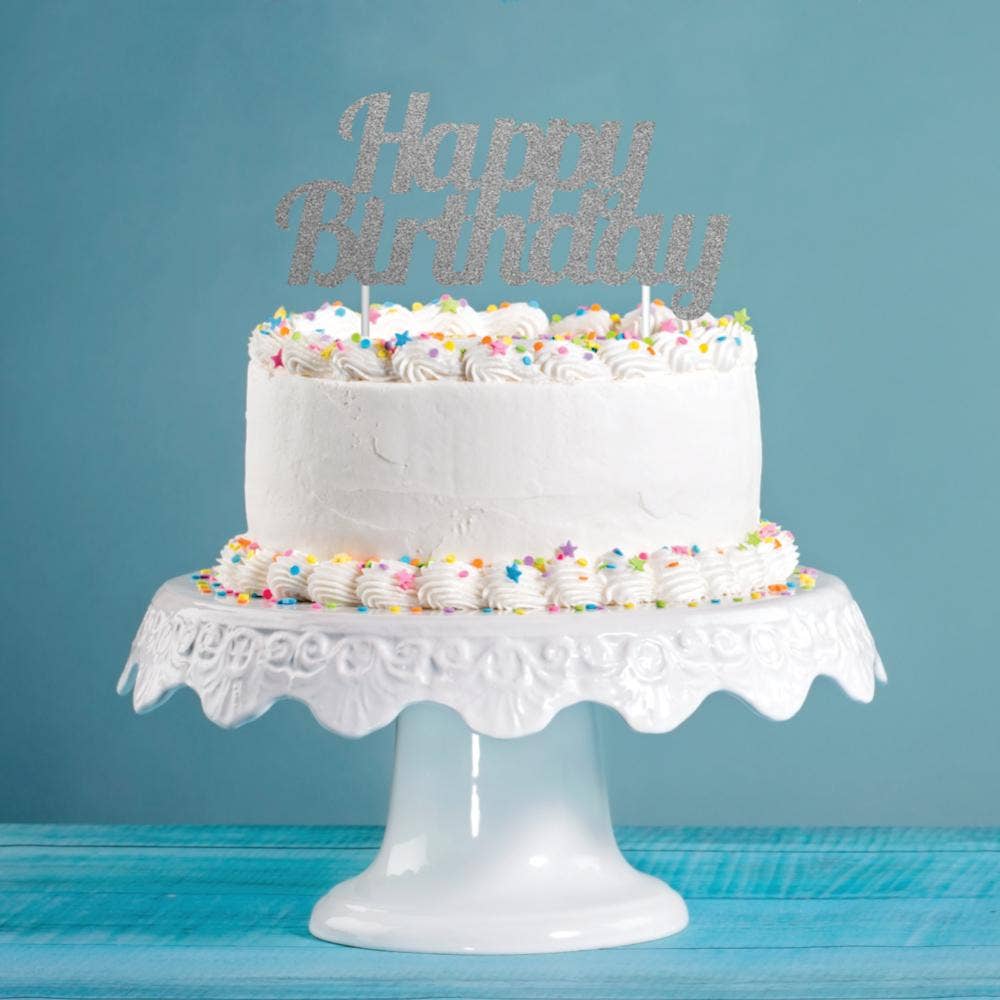Silver Glitter Happy Birthday Cake Toppers, 1/Pkg