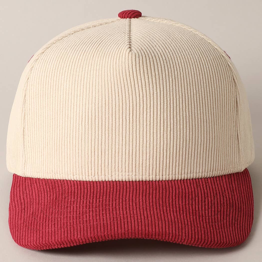 Plain Two Tone Corduroy 5 Panel Trucker Hat: BROWN/PINK / ONE SIZE