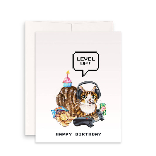 Level Up Happy Birthday Video Gamer Cat Card