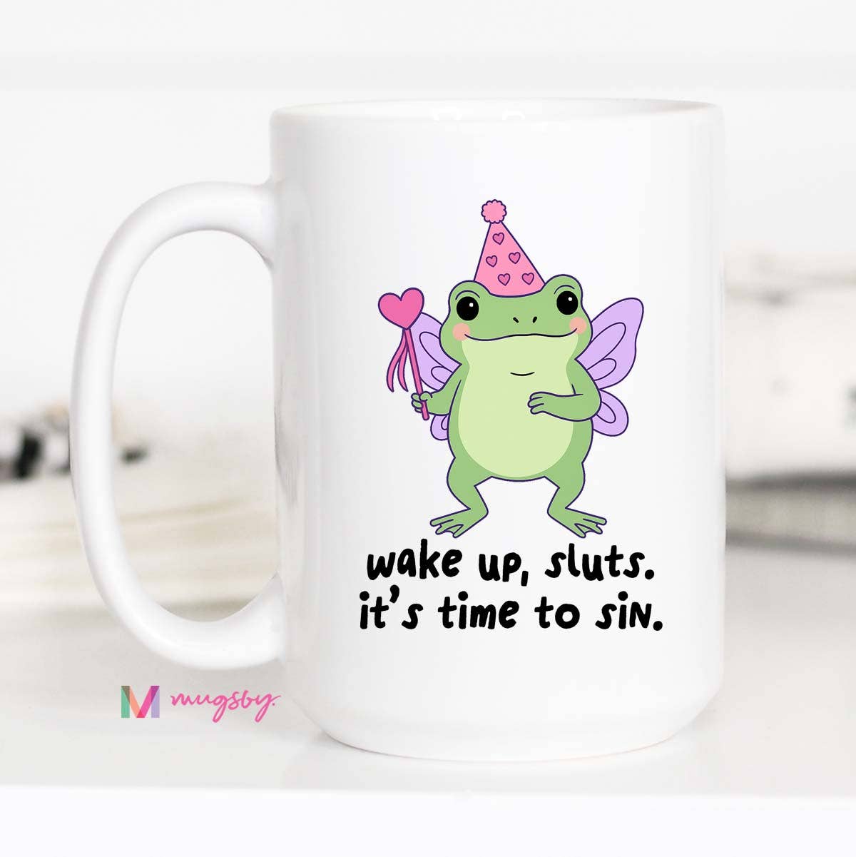 Wake Up Sluts Ceramic Coffee Mug, Funny Frog Mug: 15oz / Black rim/handle