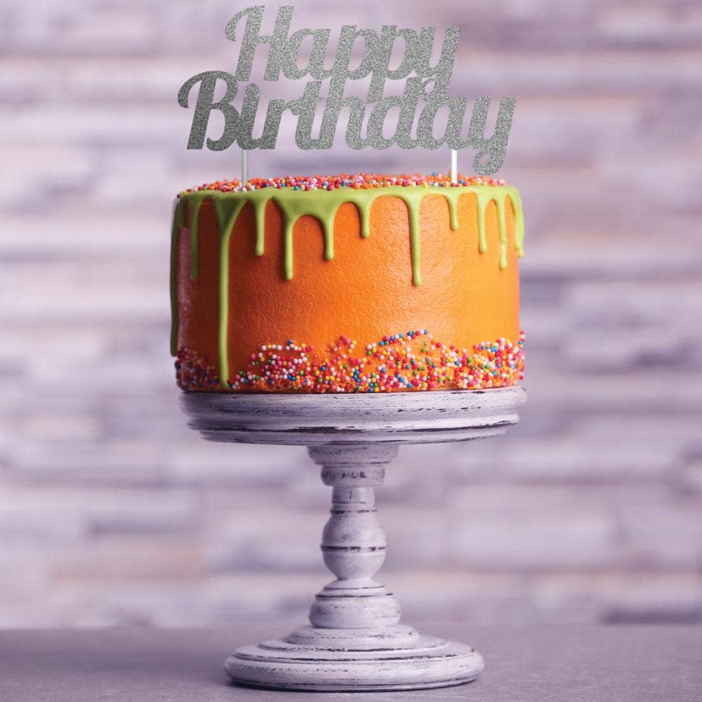 Silver Glitter Happy Birthday Cake Toppers, 1/Pkg