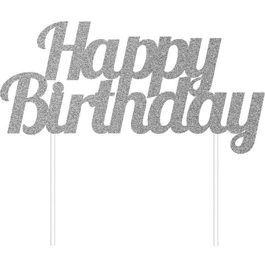 Silver Glitter Happy Birthday Cake Toppers, 1/Pkg