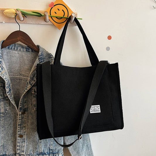 Corduroy Tote Bag Handheld and Single Shoulder School Tote: Black