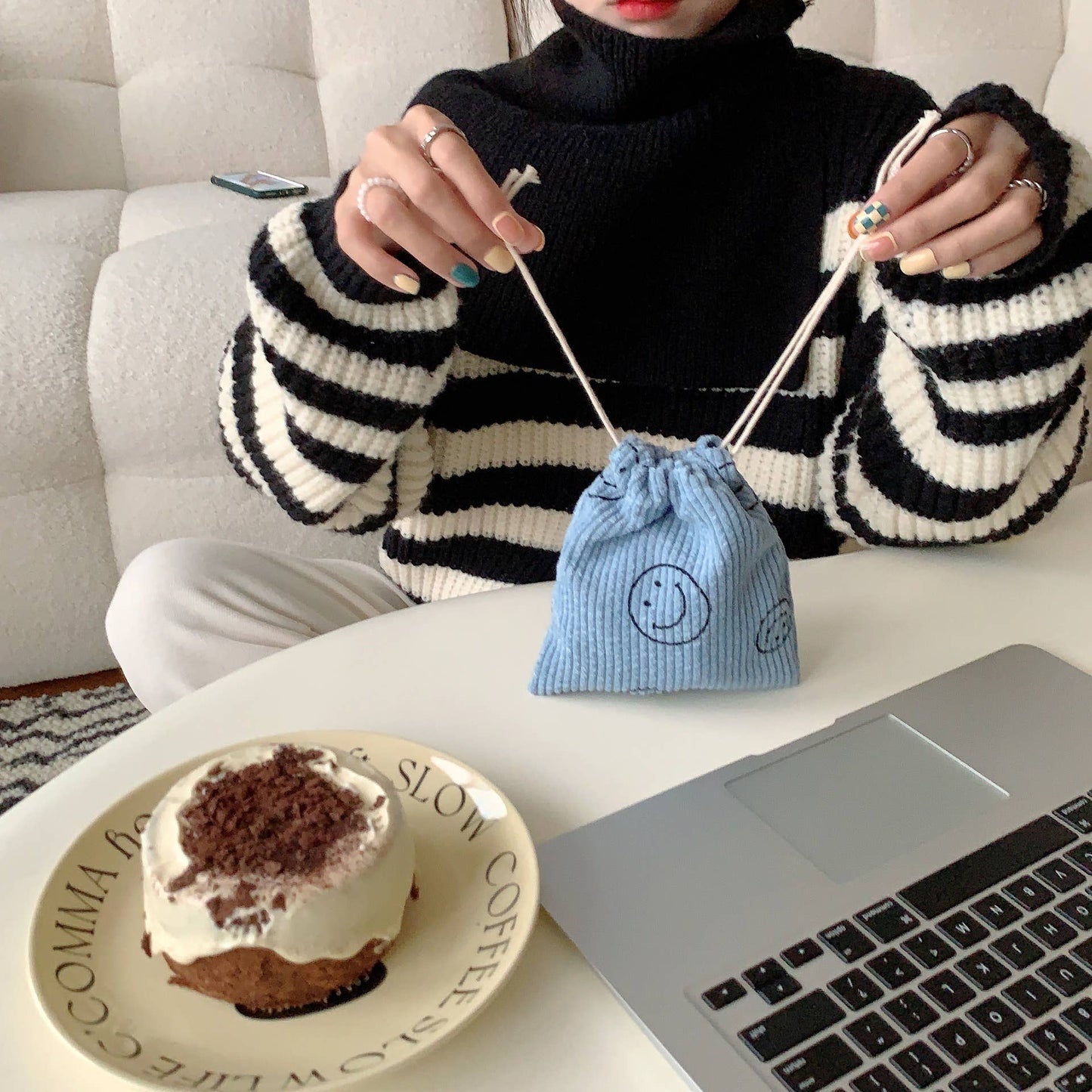 Corduroy  Smiley Face Coin Purse Drawstring Pocket Women: Pink