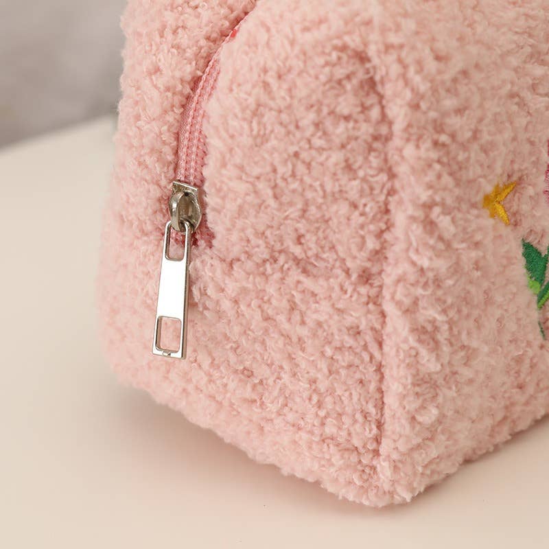 Cute Plush Makeup Bag-Portable Handheld Cosmetic Pouch Women: Pink