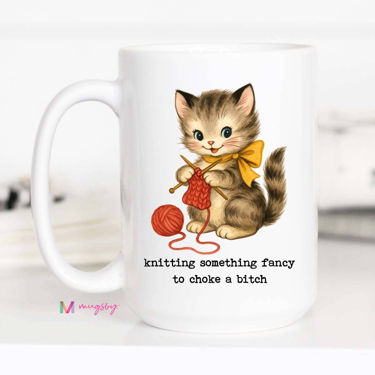 Knitting Something Fancy Funny Cat Mug for Makers: 15oz / All white