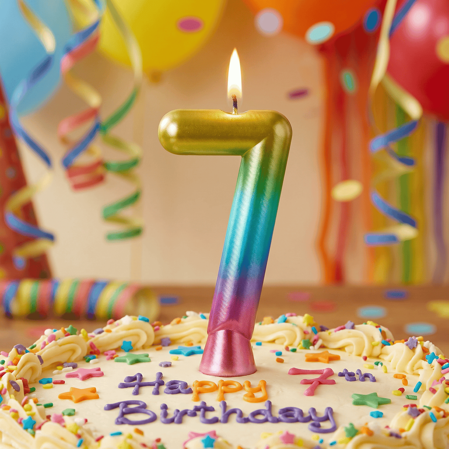 Bulk Rainbow Metallic 7 Birthday Candle  (12 per Case)