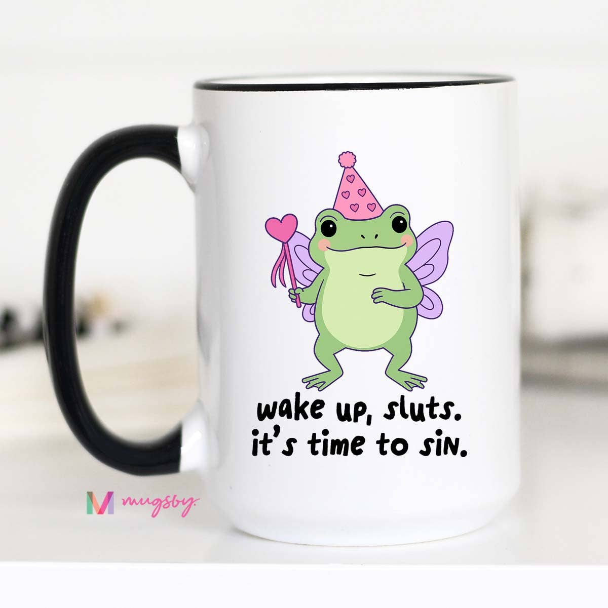 Wake Up Sluts Ceramic Coffee Mug, Funny Frog Mug: 15oz / Black rim/handle