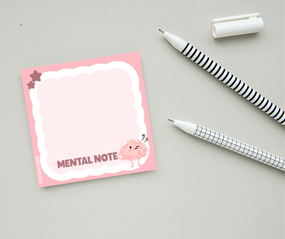 Mental Note Sticky Note Pad – Cute Brain Design, Funny Office Stationery for Work or School