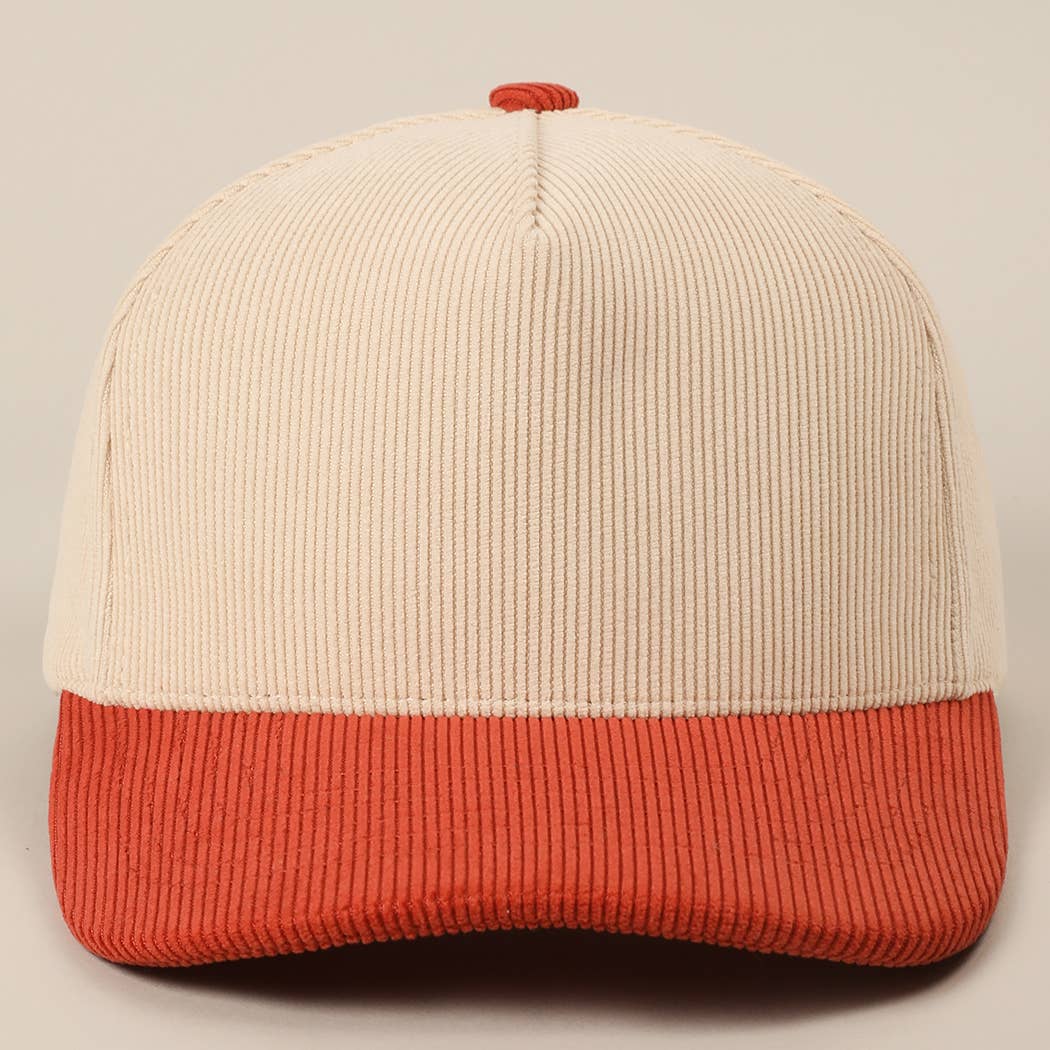 Plain Two Tone Corduroy 5 Panel Trucker Hat: RUST / ONE SIZE