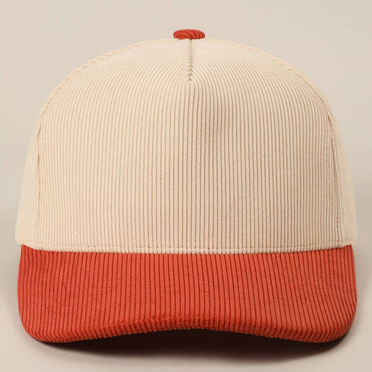 Plain Two Tone Corduroy 5 Panel Trucker Hat: RUST / ONE SIZE