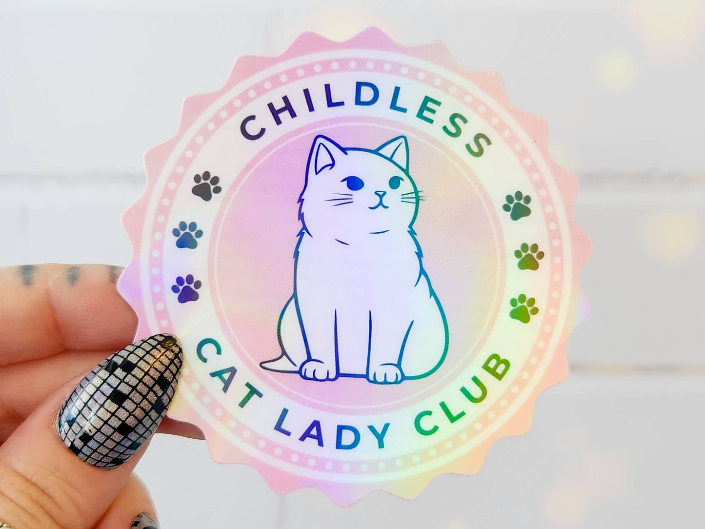 Childless Cat Lady Club Holographic Sticker, 3 in.: Hearts
