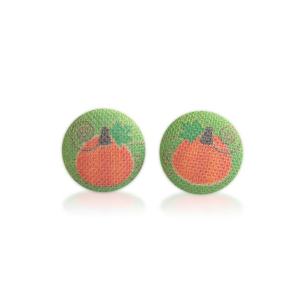 Fall Pumpkins Fabric Button Earrings: 0.5 inch wide