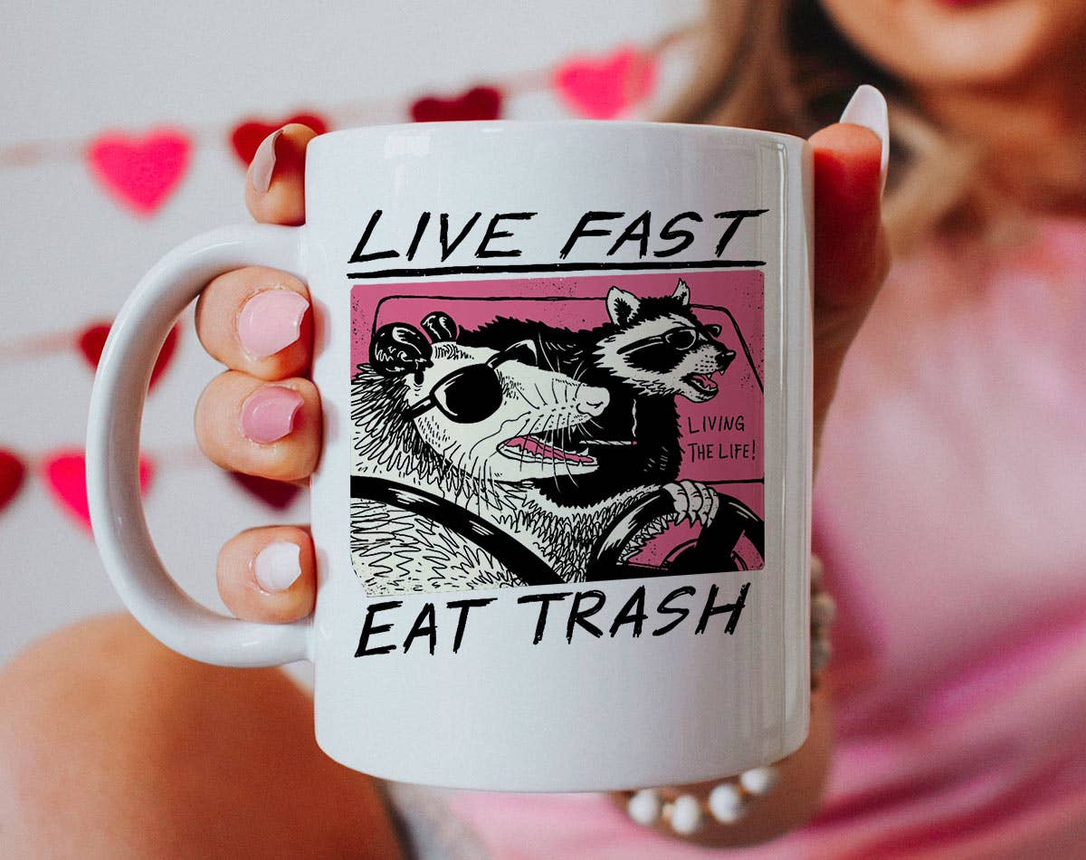 Live Fast Eat Trash - Raccoon Music Meme Coffee Mug: 11oz White