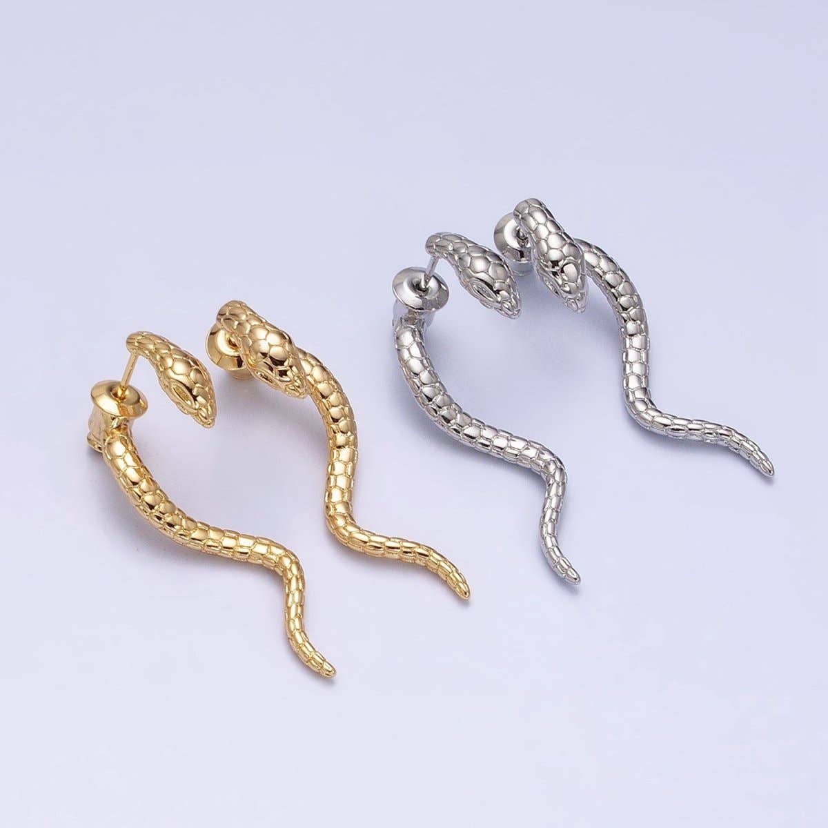 16K Gold Filled Snake Serpent Textured Wavy Drop Stud Earrings in Gold & Silver