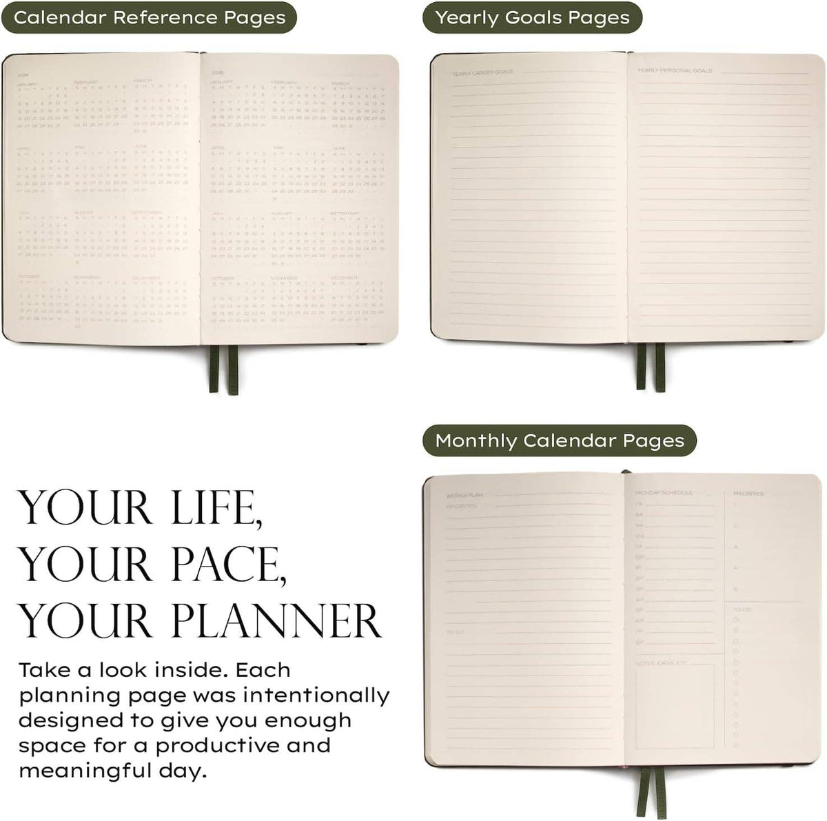 The Daily Planner - Hardcover with Library Buckram Cover: Olive