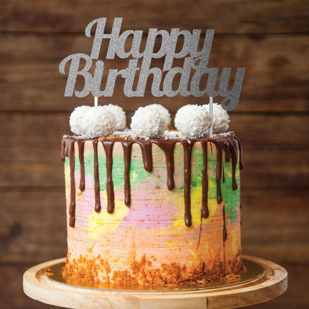 Silver Glitter Happy Birthday Cake Toppers, 1/Pkg