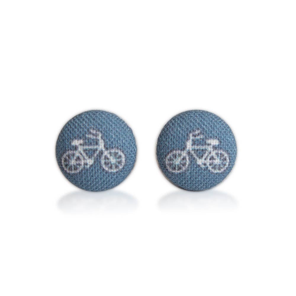 Tiny Navy Bikes Fabric Button Earrings: 0.5 inch wide