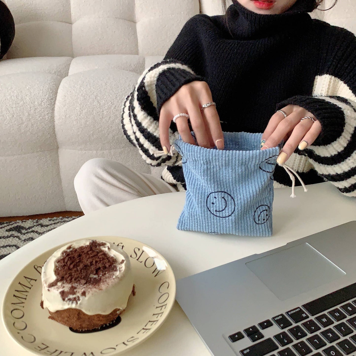 Corduroy  Smiley Face Coin Purse Drawstring Pocket Women: Pink