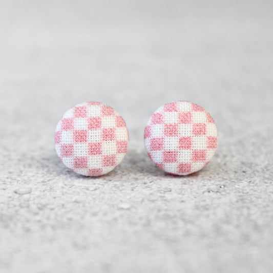 Pink Check Fabric Button Earrings