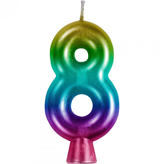 Bulk Rainbow Metallic 8 Birthday Candle  (12 per Case)