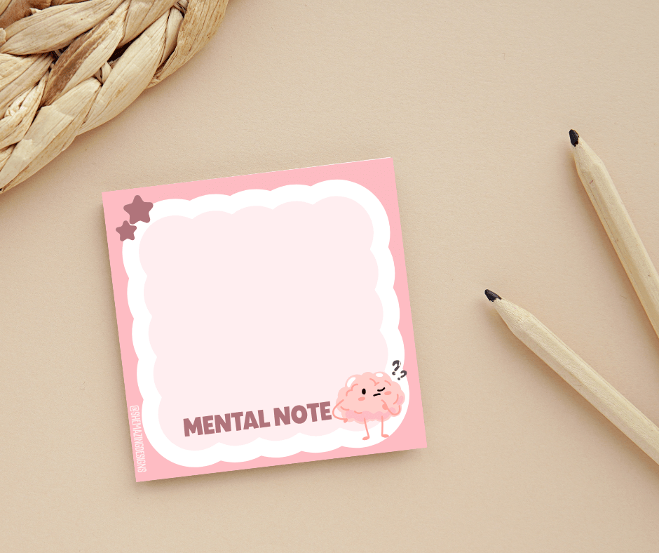 Mental Note Sticky Note Pad – Cute Brain Design, Funny Office Stationery for Work or School