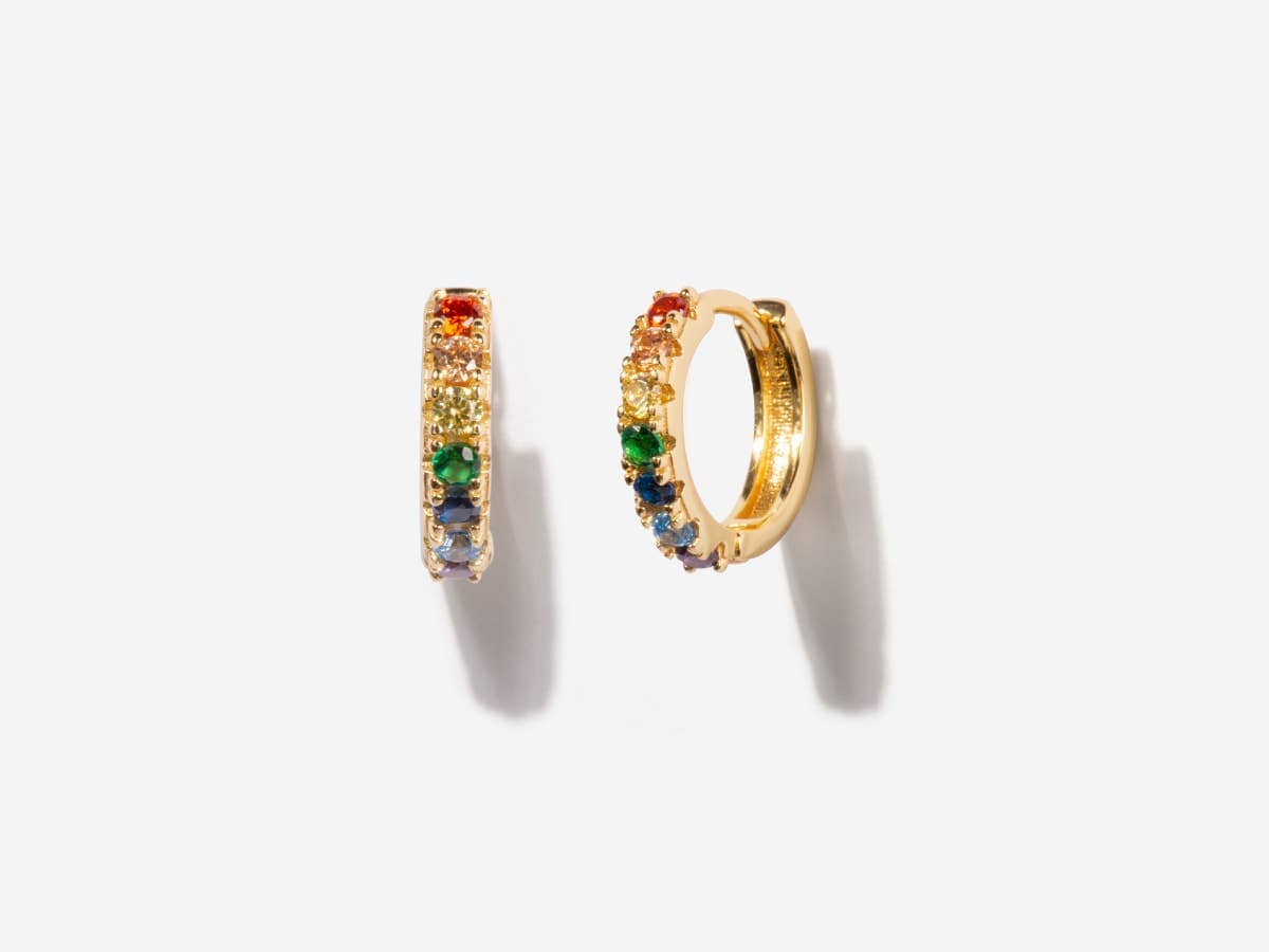 Beaded Rainbow 14k Gold Huggie Hoop Earrings