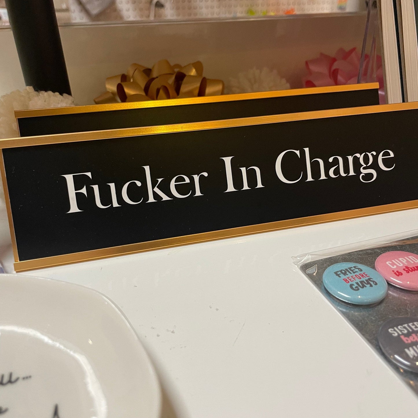 Fucker In Charge - Office Desk Plate: Black Plate/White Text / Rose Gold