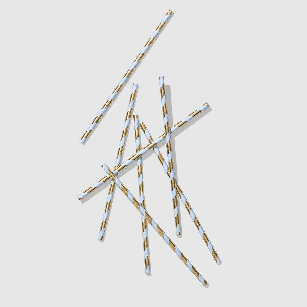 Blue gold striped paper straws