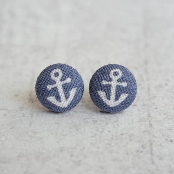 Tiny Anchors Fabric Button Earrings