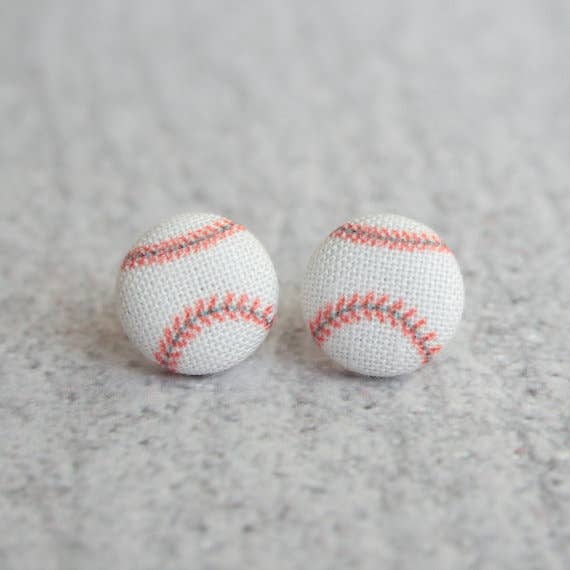 Baseball, Fabric Button Earrings