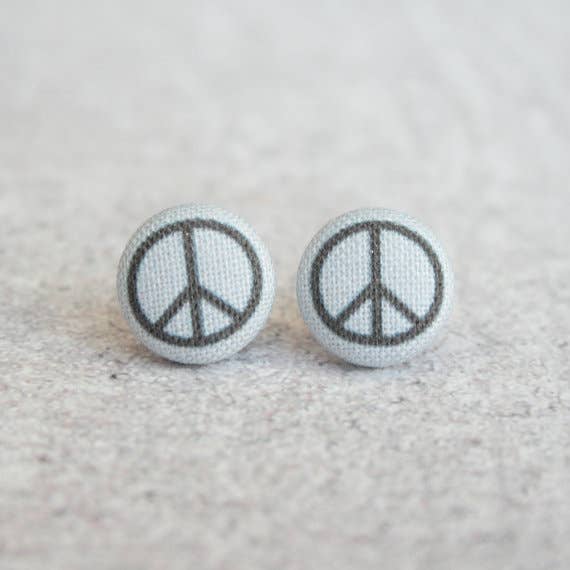 Peace Sign Fabric Button Earrings