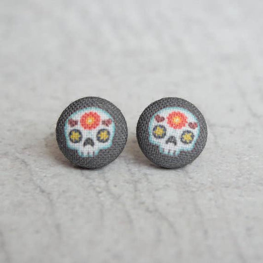 Sugar Skull Fabric Covered Button Earrings